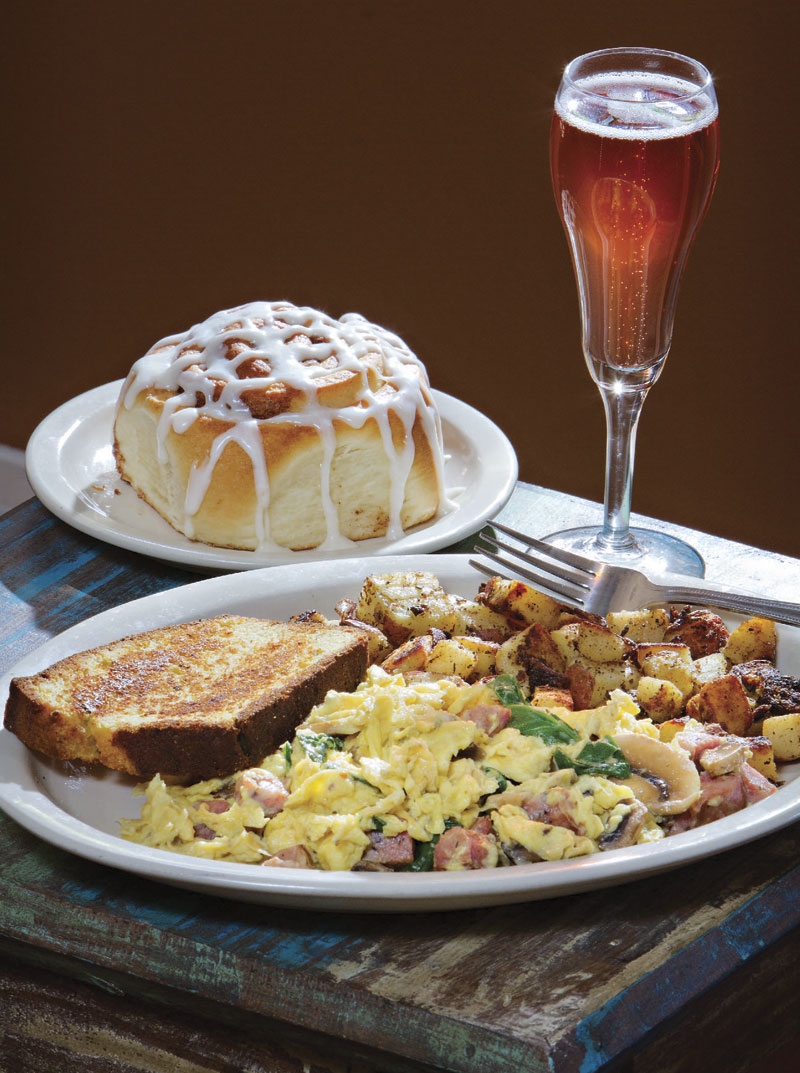 smoked whiskey fennel sausage scramble and homemade cinnamon roll