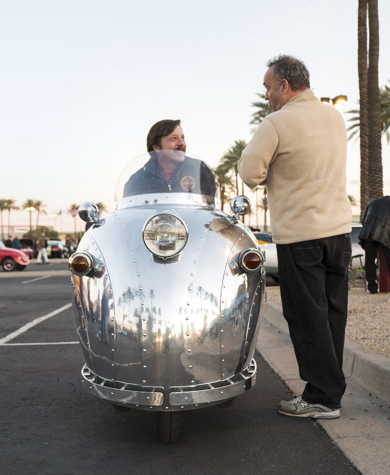 Famed Oregon auto artist Randy Grubb shows off his hand-built DecoPod scooter.