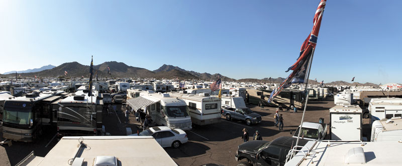  RVs stretch to the horizon at PIR. The raceway swells with more than 100,000 fans during each of its NASCAR Spint Cup weekends.