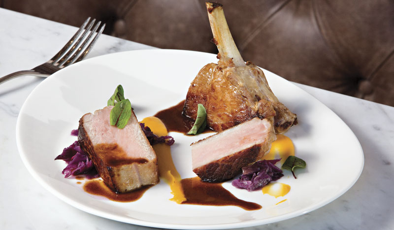 Pork chop with butternut, bourbon and cabbage