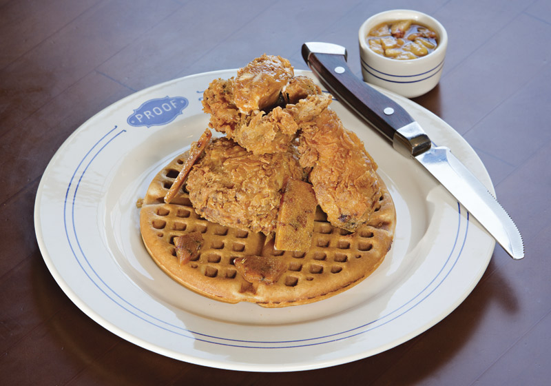 Chicken and waffles with bacon brittle