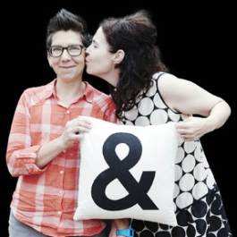 Tania Katan & Angela Ellsworth Phoenix-based creatives Tania Katan and Angela Ellsworth have been together for 11 years. Katan is a two-time breast cancer survivor whose 2005 memoir, My One Night Stand with Cancer (Alyson Books) is a top seller on Amazon, and whose plays have been produced at repertory theaters nationwide. Ellsworth is an associate professor at Herberger Institute for Design and the Arts at Arizona State University, and a globally known intermedia artist whose work has been shown/performed everywhere from the Getty Center in Los Angeles to the prestigious (and strictly curated) 17th Biennale of Sydney, Australia. Her art is heavily influenced by her deep Mormon lineage; her great-great grandfather, Lorenzo Snow, was the fifth prophet of the Mormon Church. In 2006, Katan and Ellsworth had a custom marriage ceremony at a spruced-up warehouse in Downtown Phoenix, complete with Ellsworth’s 8-by-8-foot chandeliers and a symbolic sewing together of clothes, as well as all their friends – and families. Though the wedding was hardly traditional, Ellsworth says “We did insist on everyone using the words ‘marriage’ and ‘wedding,’ because I’m not interested in ‘commitment ceremony’ bullshit, like, ‘OK, I’ll take plan B.’ That never felt OK for me. It felt like just accepting some sort of back-of-the-bus situation. So hearing family and people say ‘wedding’ and ‘marriage’ was almost symbolic.” phm1013 jtu4 lg