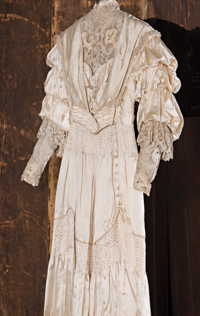 This silk and lace wedding dress is a replica of the dress worn by President Theodore Roosevelt's oldest daughter, Alice, at her White House wedding to Republican Congressman Nicholas Longworth in 1906. The delicate replica is housed in storage at the Arizona Historical Society Museum in Tempe