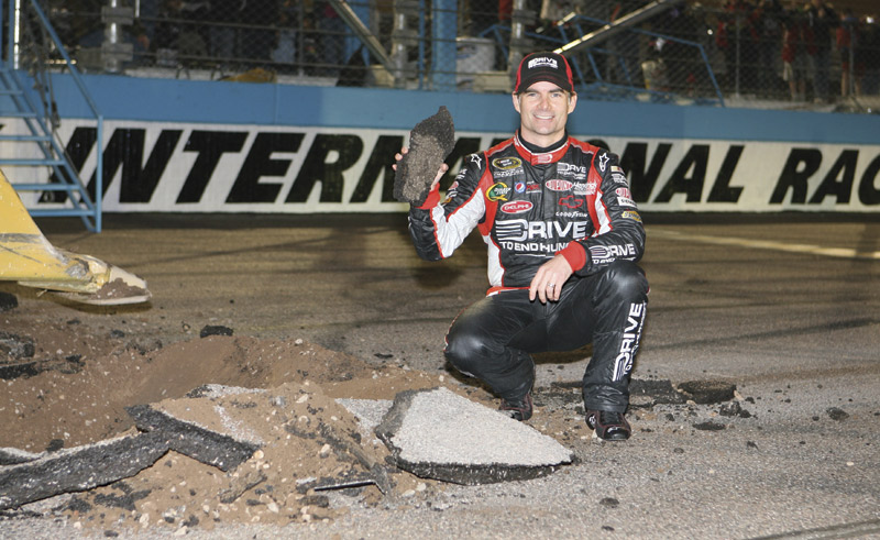 Photos courtesy Getty Images/PIR: 2011 Sprint Cup race winner Jeff Gordon digs up the first piece of asphalt for the repavement of PIR&rsquo;s track that year