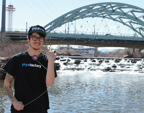 Severance on tour, doing an &ldquo;inverted boomerang&rdquo; trick by the Speer Boulevard Bridge in Denver, Colorado.