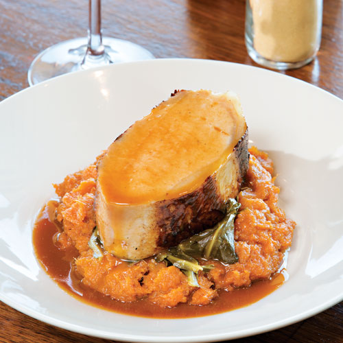 Cider-brined pork loin with sweet potatoes