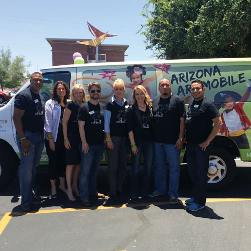 photo courtesy Art4All; The Art4All crew with the Art Mobile, from left to right: Mark Strickling, Leah Fregulia Roberts, Elise Piatt, Sean Sweat, Adrian Ruiz, Tyler Butler, Ed Maldonado, Michael Ponzio