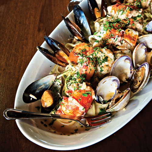 White wine cioppino over linguine