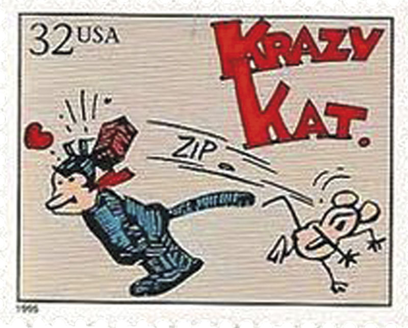 photo courtesy Krazy Kat: A Celebration of Sundays, Sunday Press, 2010; 1995 Krazy Kat and Ignatz Mouse postage stamp. The strip was one of 20 included in the U.S. Postal Service&rsquo;s Comic Strip Classics commemorative stamp series.