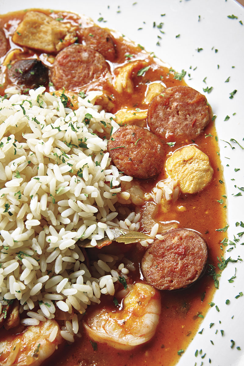 Andouille sausage and shrimp  &eacute;touff&eacute;e