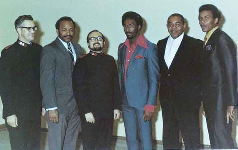 at the 1960s awards banquet, left to right, Major Ken Gibson, Cloves Campbell Sr., Captain Joe Noland, ASU football star J.D. Hill, pro boxer Archie Moore and unknown man PHM1115LL03