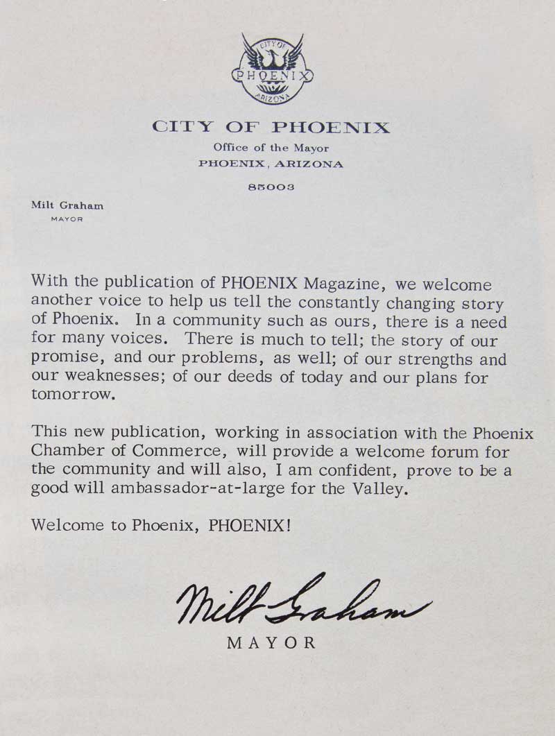 photo courtesy Fern Stewart Welch; a clipping of a letter from the mayor from page 3 of the inaugural issue of PHOENIX magazine