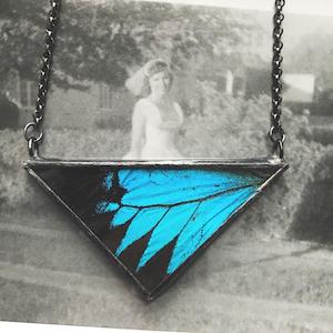 Large Blue Mountain Swallowtail Triangle necklace by Dream Wings Jewelry.