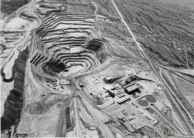 Aerial view of an open pit mine at Morenci in eastern Arizona in 1969. The Morenci Mine, which doubled its output from 2003-2008 during a copper boom, has been in operation since 1939. Historical photos provided by Arizona Historical Society