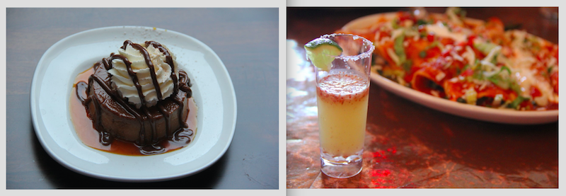 Chocolate flan, left, and tequila with enchiladas, right, at Elote Cafe. Photo by Ofelia Montelongo.