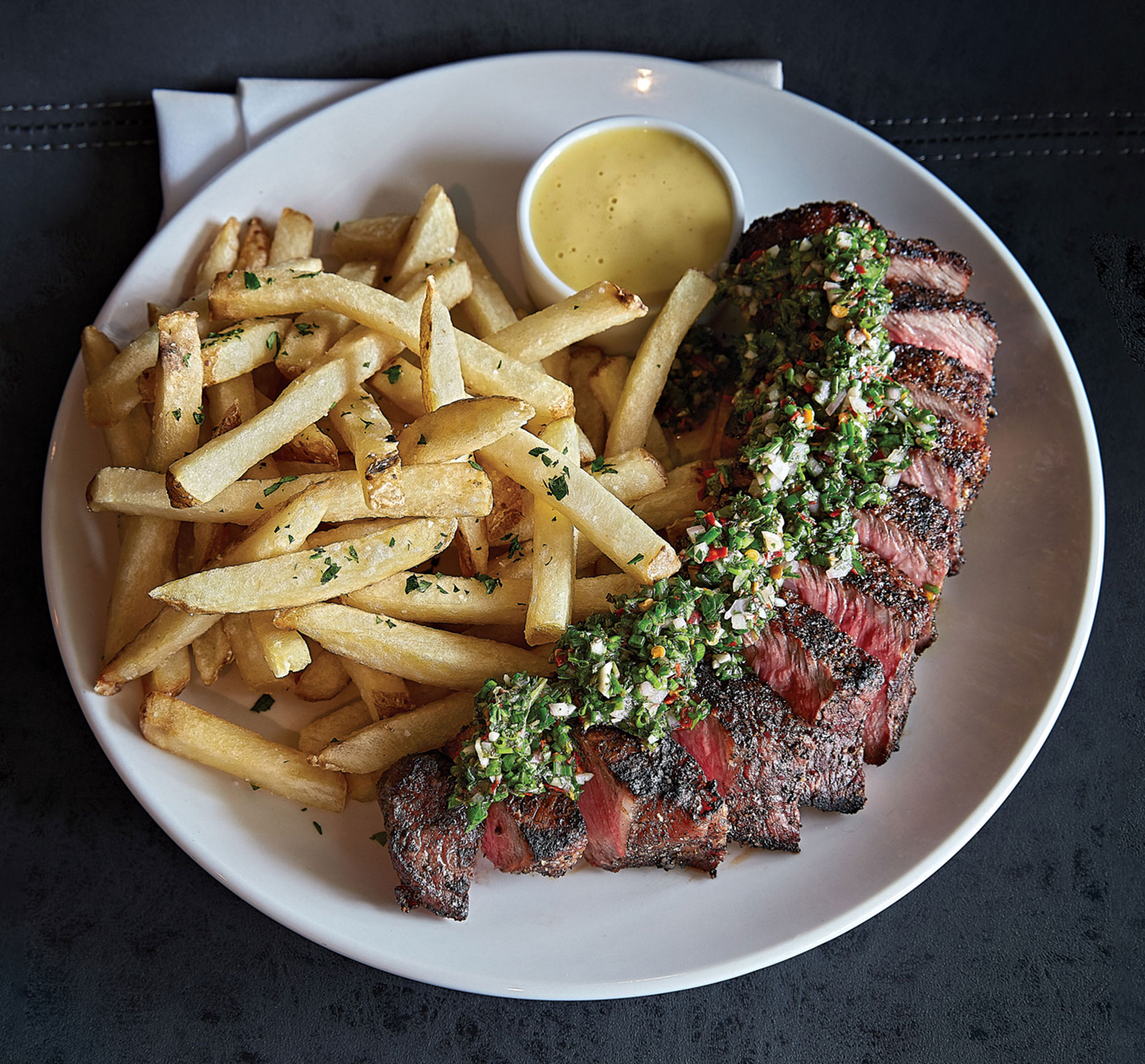 New York strip with salsa verde