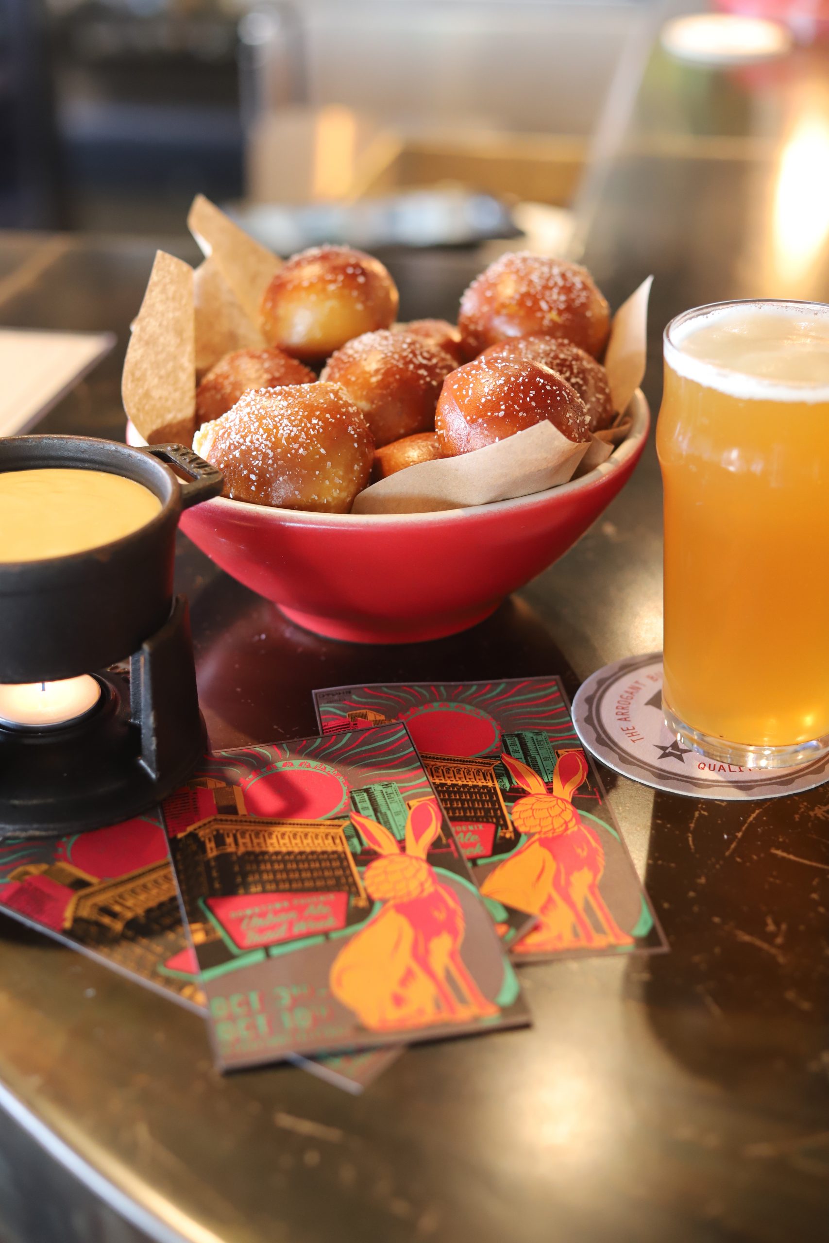 Arrogant Butcher pretzel bites and beer. Photo from Downtown Phoenix.