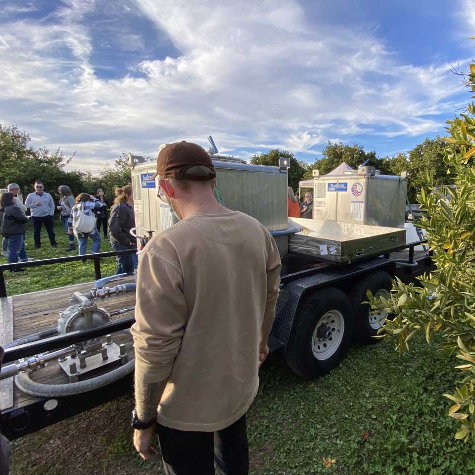 Coolship sits on a trailer at Agritopia Farms on a windy day