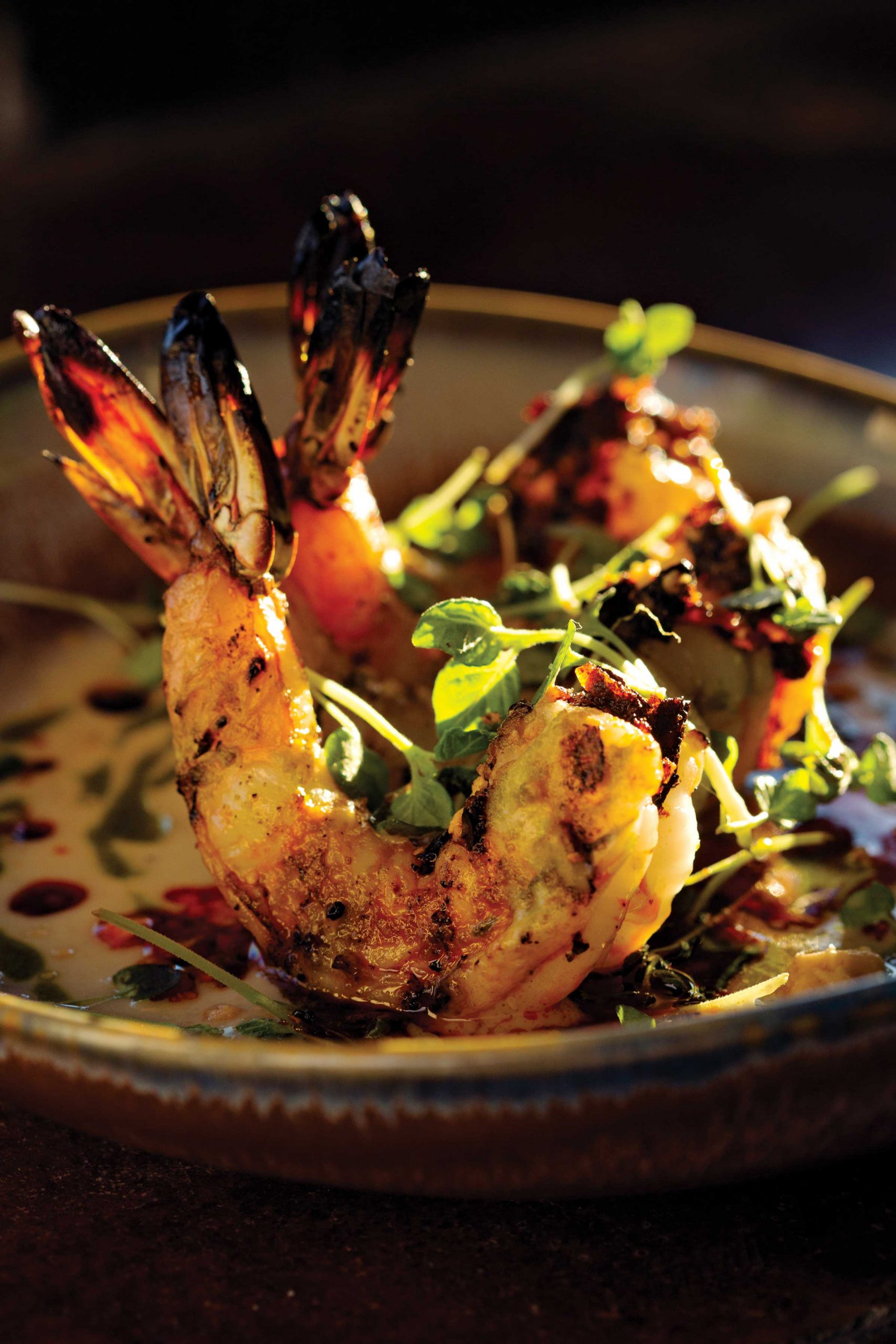 Jumbo shrimp with sun choke puree at Aftermath. Photography by Blake Bonillas.