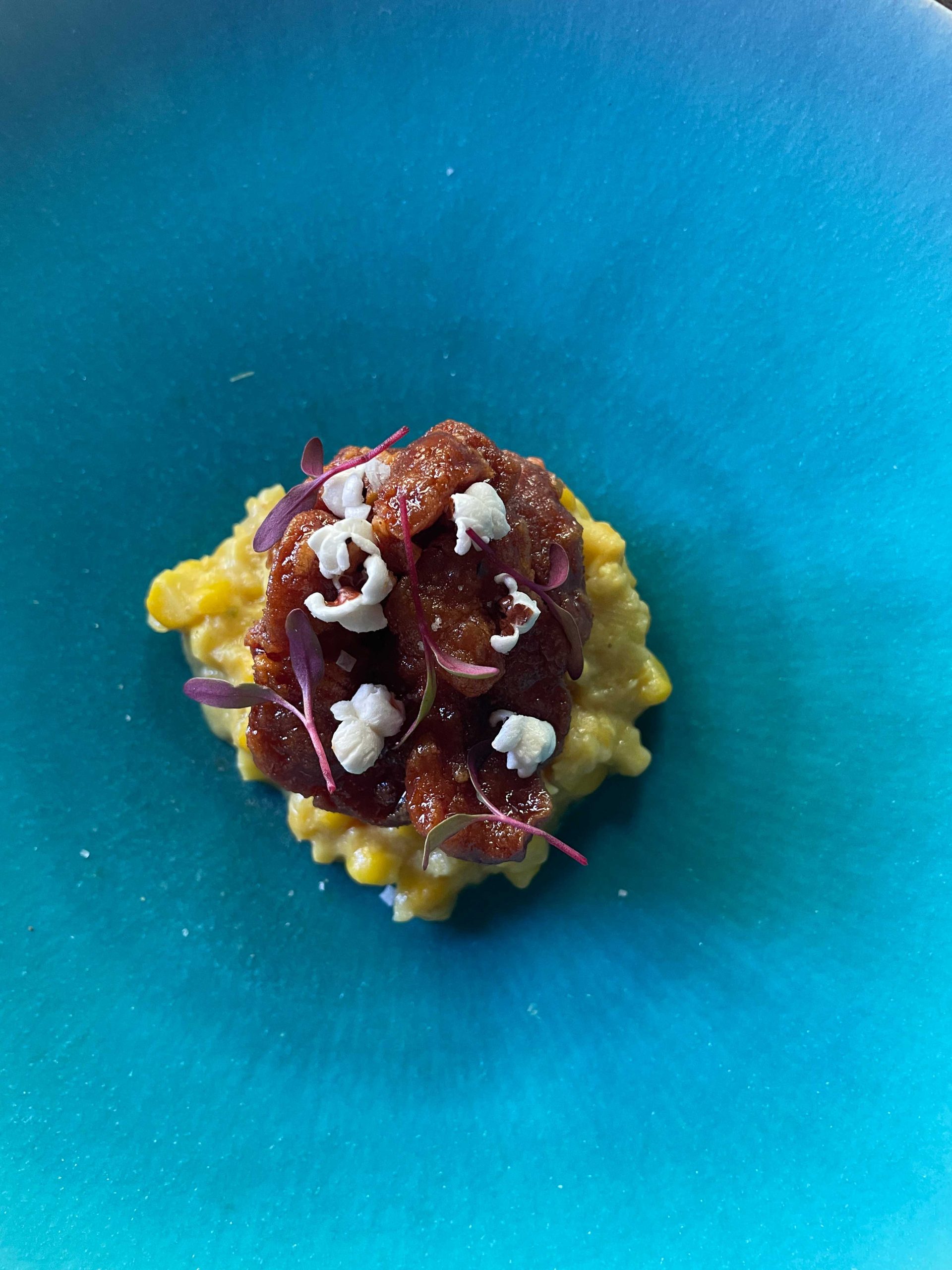 Veal sweetbreads, red pepper, creamed corn and popped sorghum. Veal sweetbreads, red pepper, creamed corn and popped sorghum.