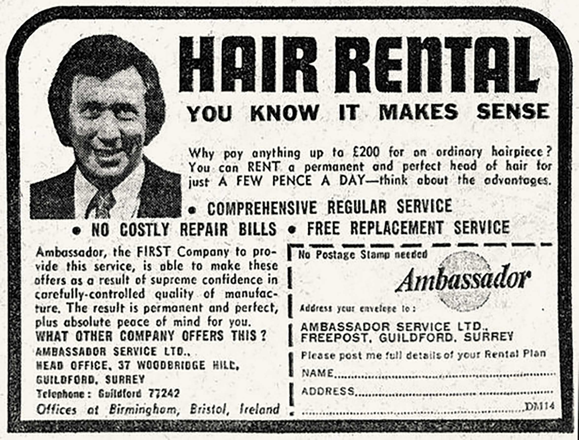 A model smiles pretty for a 1970s British newspaper ad for rental hairpieces. A model smiles pretty for a 1970s British newspaper ad for rental hairpieces.