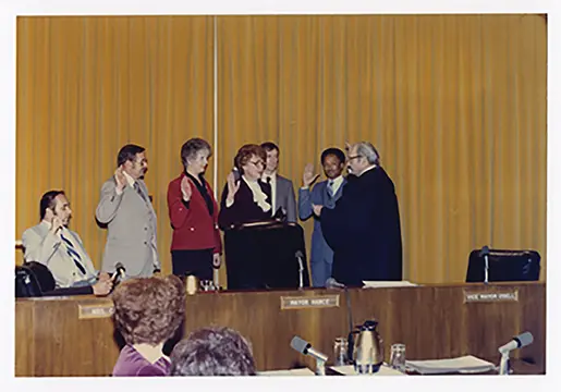 PHM0825PF03 Margaret T. Hance meets with President Gerald Ford at the White House in 1976, left; Hance is sworn in as mayor of Phoenix in 1976, below