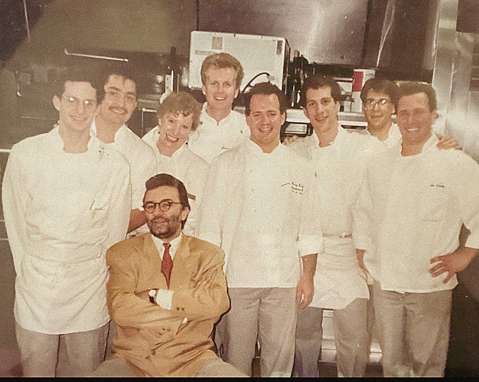 Stratta, center, with chef Alain Ducasse and crew. Courtesy Alex Stratta