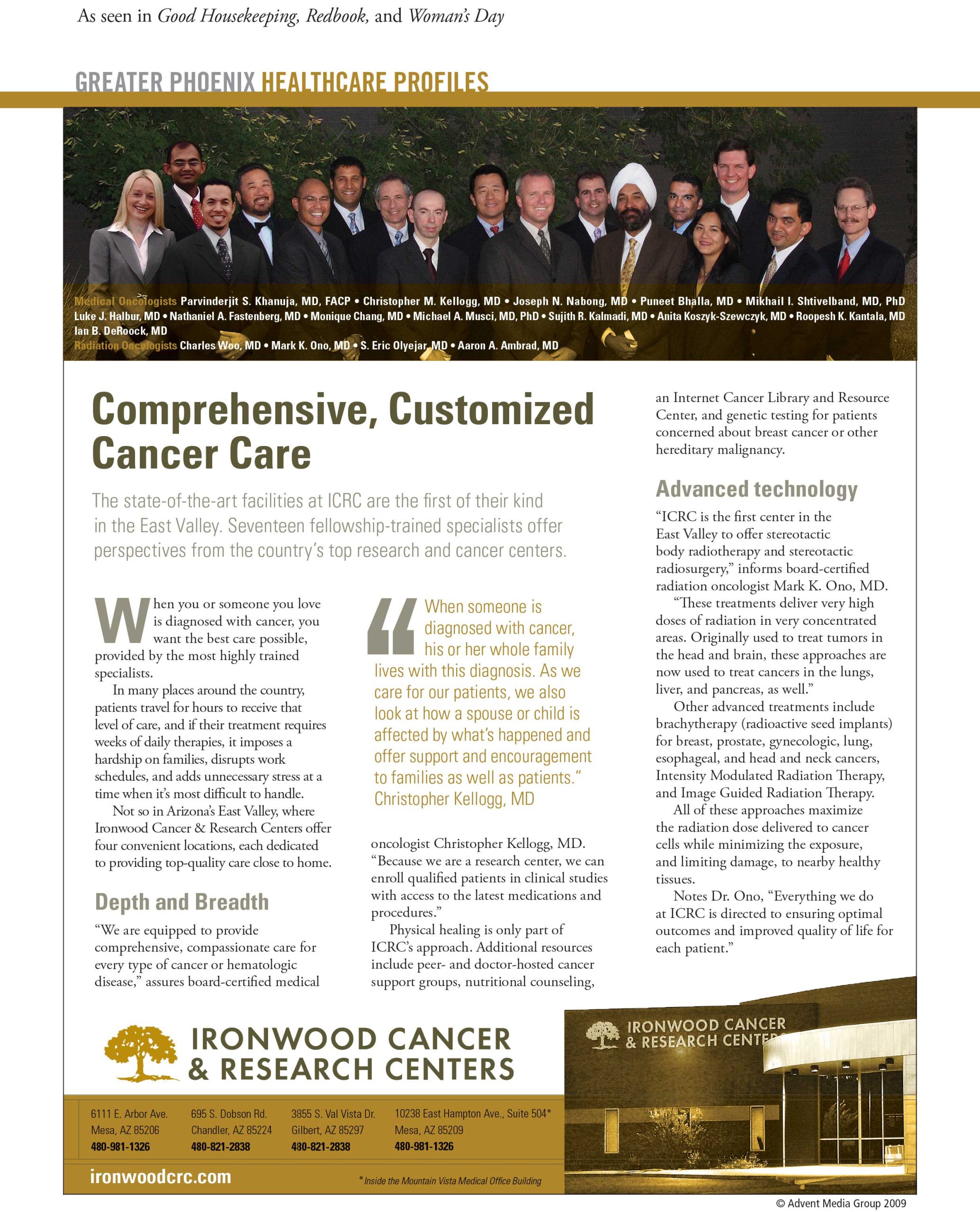 magazine ad from 2009 Photos Courtesy Ironwood Cancer & Research Centers magazine ad from 2009 Photos Courtesy Ironwood Cancer & Research Centers