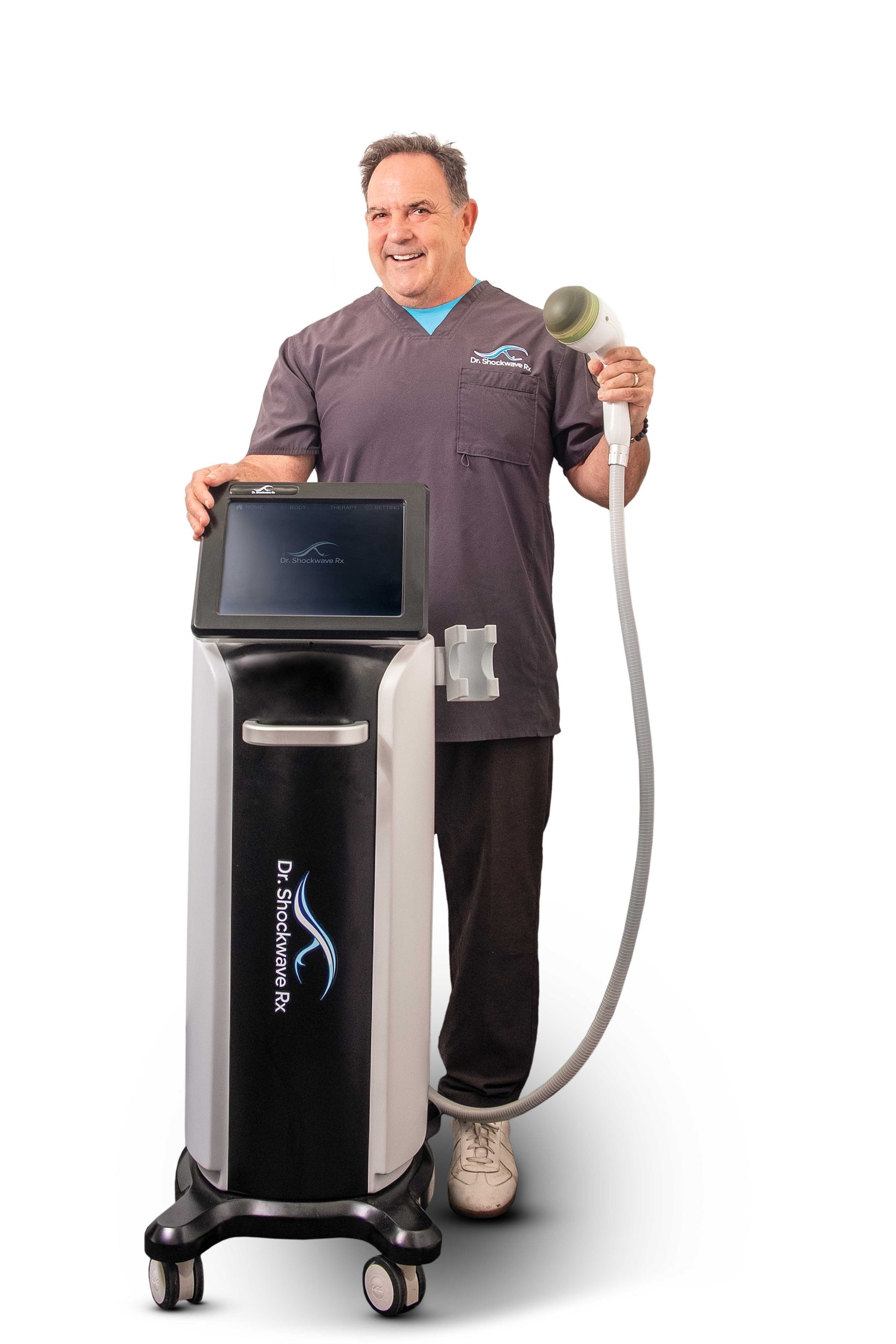 Dr. Appell with his invention, Dr. Shockwave Rx