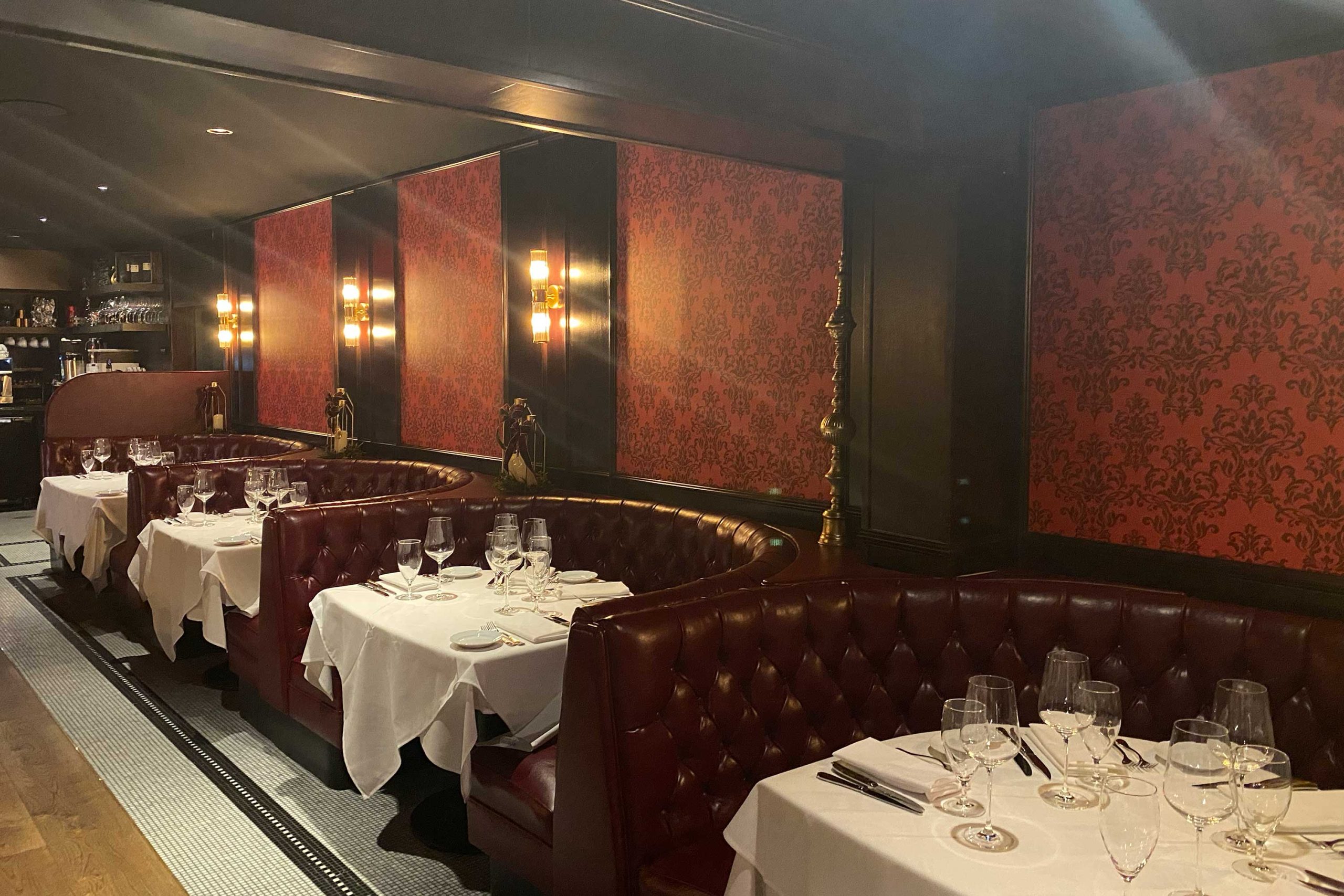 Red booths and red walls were refreshed and renewed for Durant's restoration