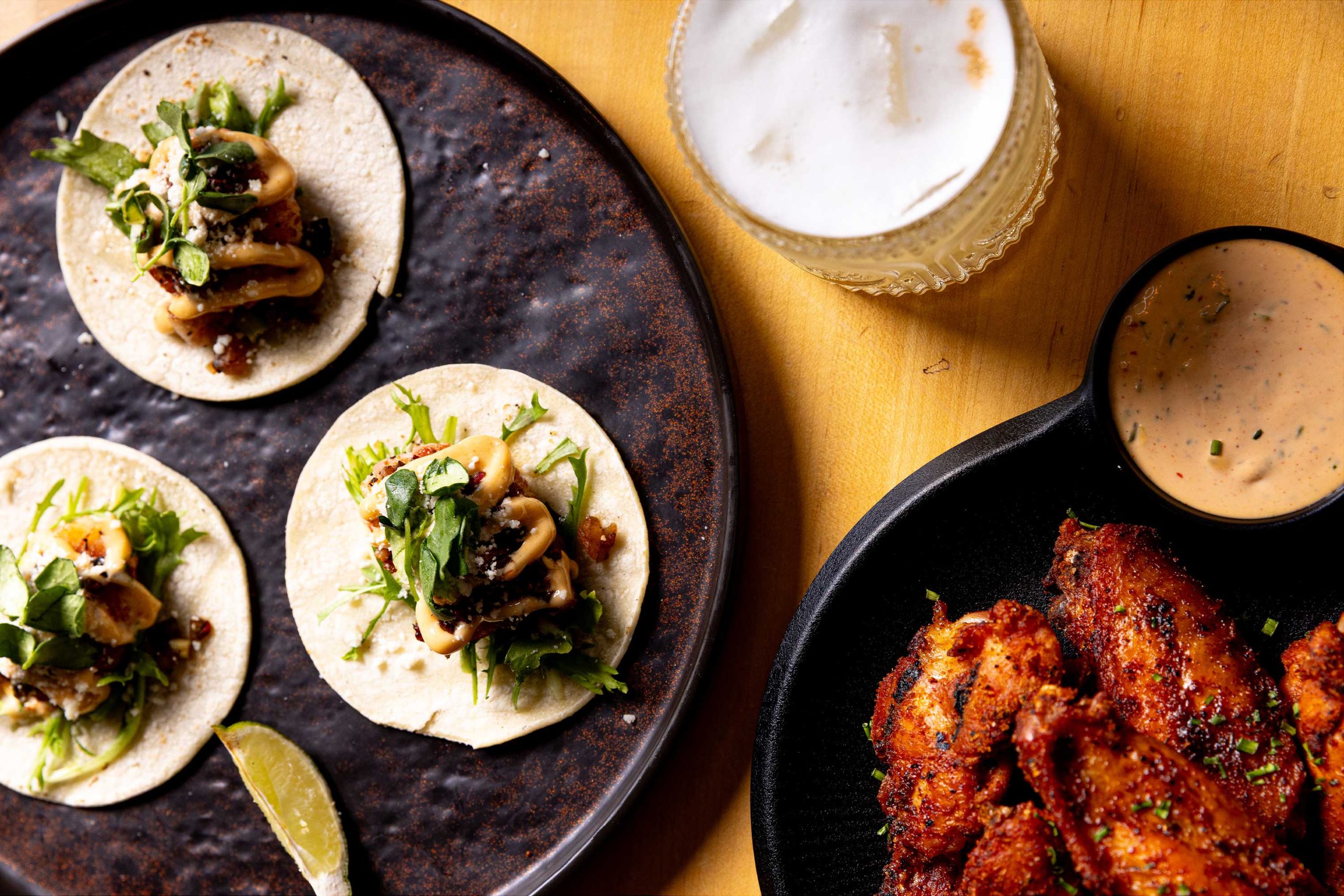 shrimp tacos, nazca wings and pisco sour shrimp tacos, nazca wings and pisco sour