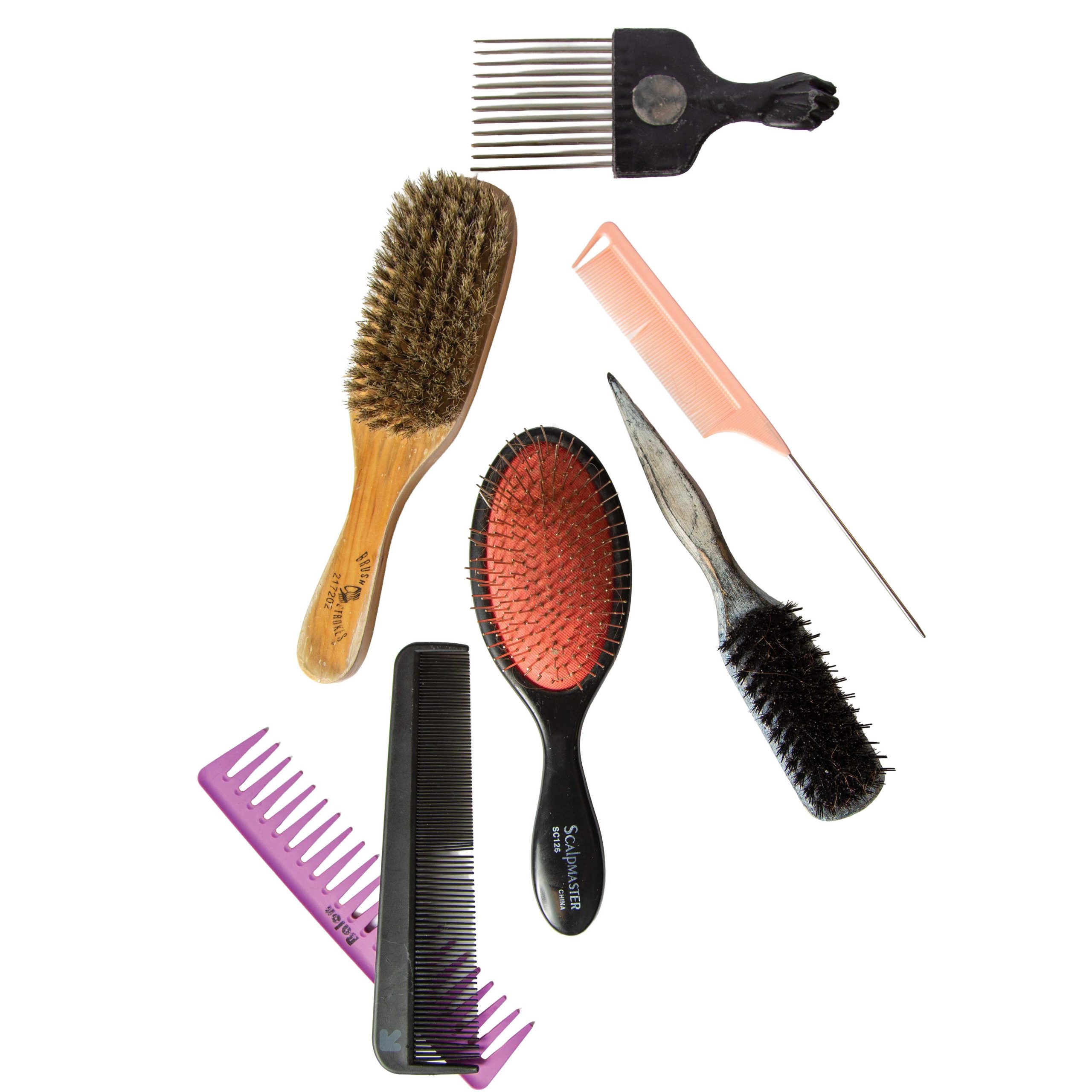 Brushes & Combs “I love a good boar bristle brush, but there’s nothing like the Spornette Big Wonder [far right], my favorite brush. Mine has been through hell and back. I use it to back-comb and tease.”