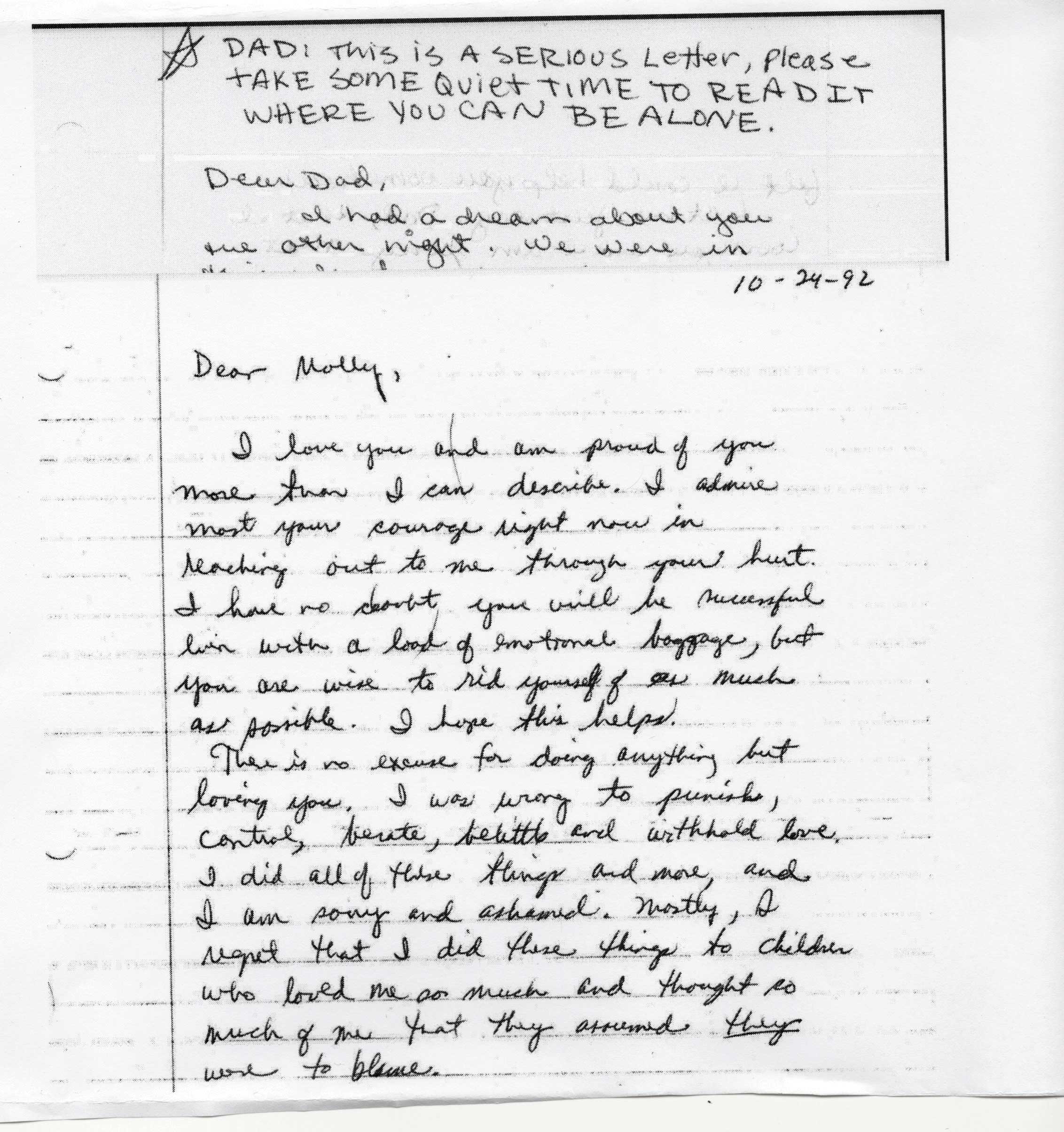 Letter from Molly McCloy's father, found in her book, Nine Grudges